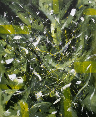 Abstract I - abstrakt maleri i mørk grøn med gul
