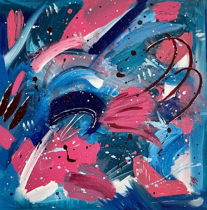 abstrakt kunstværk i blå og lyserød