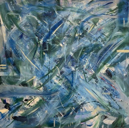 PAST LIVES Abstrakt maleri i blå og grøn