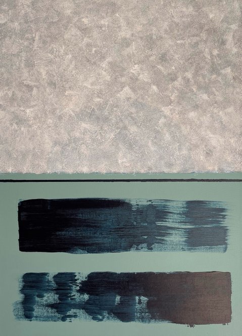 Sunrise I - Minimalistisk maleri i grå, blå og grøn