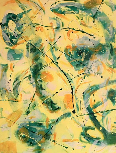 Spring Happiness - abstrakt maleri i gul og grøn